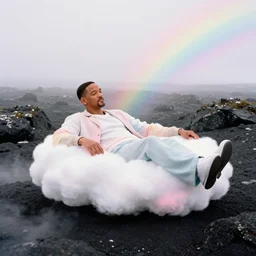 high quality pastel coloured film close up wide angle photograph of will smith wearing clothing resting on cloud furniture in a icelandic black rock!! environment in a partially haze filled dreamstate world. three point light, rainbow. photographic production. art directed. pastel colours. volumetric clouds. pastel gradient overlay. waves glitch artefacts. extreme facial clarity. 8 k. filmic.