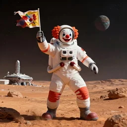 clown astronaut on mars, scifi colony in the distance, cinematic style, highlight, clown flag, colorful suit, heroic pose, masterpiece, space, planet, artstation, art by bingyi huang and jan urschel