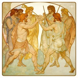 a group of Greek demigods sparring. By Alphonse Mucha by Phil Hale. By WLOP. Artstation.