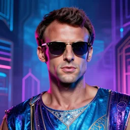 portrait of glamor greek god | emmanuel macron | electric sunglasses | lighting storm background | highly detailed | very intricate | professional model | cinematic lighting | painted by donato giancola and mandy jurgens and charlie bowater | bold colors, artdeco, art deco synthwave blue purple pink aesthestic, 8 0's nostalgia | artstation