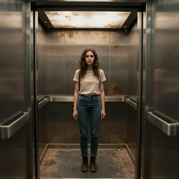 a woman in the dirty elevator, highly detailed, still shot from movie, wide shot