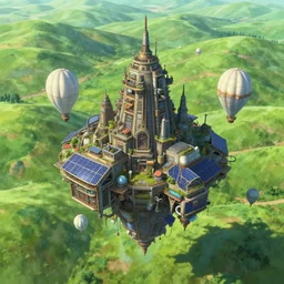 a detailed floating city held up by zeppelins. floating over rolling green hills. cast shadows. solar punk aesthetic. hayao miyazaki colors. photorealistic render in unreal engine. - n 5