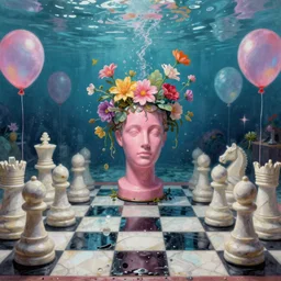 David Friedrich, giant marble chess pieces, liminal spaces, party balloons, checkered pattern, mirrors, David Friedrich, award winning masterpiece with incredible details, Zhang Kechun, a surreal vaporwave vaporwave vaporwave vaporwave vaporwave painting by Thomas Cole of an old pink mannequin head with flowers growing out, sinking underwater, highly detailed