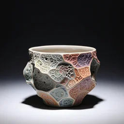 shino ceramic pot study with fractal innovative organic shape, colored, individual piece, black curtain background, by zeng fanzhi, lacquer, carved lacquer, bokeh, essence, tiny, nightlight, studio lighting, hard lighting