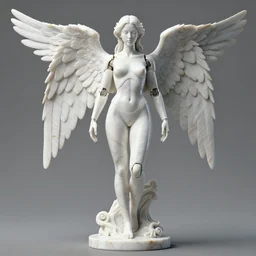 a statue made of white marble with gold veins, of an slinky gorgeous futuristic cybernetic angel girl, prostheses, transhumanism, full body shot, perfect symmetrical body, perfect symmetrical face, hyper realistic, hyper detailed, by johannen voss, by peter kemp, by monia merlo, by michelangelo, octane render, blender, 8 k