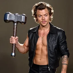 a picture of harry styles holding thors hammer