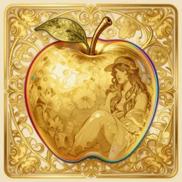 golden apple, a rainbow colored outline, intricate, elegant, illustration, digital painting, 8 k, fine detail, artstation, art by greg rutkowski, jack kirby, albert aublet, frank herbert, and alphonse mucha