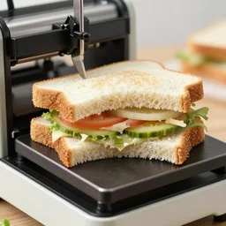 photograph of a machine that makes then eats sandwiches, photo-realistic, depth of field