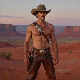 an ethereal, dreamlike painting of a handsome mustachioed shirtless cowboy wearing bandoliers, pauldrons, and leather pants | red desert mesa background at twilight | by bill ward, by tom of finland, by clyde aspevig, by thomas moran | trending on artstation