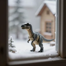 award winning photo by saul leiter of a tiny gray dinosaur standing in cozy house at the window, tiny gaussian blur, insanely detailed, insanely intricate, depth of field, low contrast, snowy, wide aperture