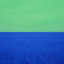 surreal photography of a blu field, a green sky, surreal photography