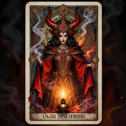long shot of a beautiful detailed orixa, tarot card, by tomasz alen kopera and justin gerard, symmetrical features, ominous, magical realism, texture, intricate, ornate, royally decorated, demon, whirling smoke, embers, red adornements, red torn fabric, radiant colors, fantasy, trending on artstation, kerosene lamp light, micro details