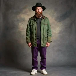 a man of caucasian appearance with a chin curtain brown beard and without mustache in a black hat, green jacket, purple pants and white sneakers in full height, perfect face, black hat, concept art