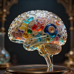 glass brain filled with different colored liquids, cinematic shot, intricate, ornate, photorealistic, ultra detailed, realistic, 1 0 0 mm, photography, octane, high definition, depth of field, bokeh, 8 k, artstation