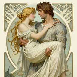 a latin man holding a finnish woman, art nouveau, highly detailed