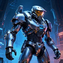 a telephoto closeup photo of the chrome terminator cylon warror in a massive mass effect halo robot factory at night,blue haze, volume metric lighting, retracing, unreal, concept art cyperpunk video game poster design with intricate details :: magic the gathering, Battlestar Galactica, neon lighting, lens flare, rich vibrant colors, High contrast, blizzard concept artist, syd mead
