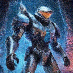 a telephoto closeup photo of the chrome terminator cylon warror in a massive mass effect halo robot factory at night,blue haze, volume metric lighting, retracing, unreal, concept art cyperpunk video game poster design with intricate details :: magic the gathering, Battlestar Galactica, neon lighting, lens flare, rich vibrant colors, High contrast, blizzard concept artist, syd mead