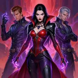 a ultradetailed painting lilliana vess vampire queen planeswalker donato giancola and nikolay makovsky red black purple leather outfit energy hands long black hair spider futurism, vibrant colors zbrush sharp focus
