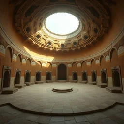 symmetry!!!!! wide view inside!!!!! a round temple, big room in the center, made of ochre and white adobe walls, different altars in separate alcoves, light coming from outside, atmospheric high fantasy matte painting by ivan shishkin and marc simonetti and craig mullins, trending on artstation