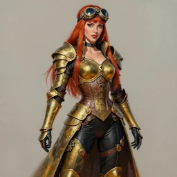 Steampunk Pin-up girl, alluring, latina skin, red hair, long straight hair, fully armor, brass colored armor coat, brown corset, black skintight bodysuit underneath armor!, gears, goggles on forehead, posing, trending on artstation, artstationHD, artstationHQ, acrylic painting, realistic, no extra arms!