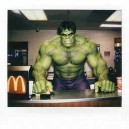 the hulk working the front counter of mcdonald's ready to take your order, eighties polaroid, flash photography, photorealistic, kodachrome