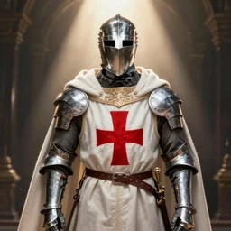 man in crusader armor and white cloak with big red cross on it digital art realistic high detail
