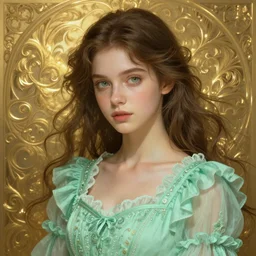 Portrait of dreamy and ethereal girl with light green eyes wearing mint green ornate frilly dress, peaceful expression, fantasy, intricate, elegant, beautiful, digital art, beautiful dynamic lighting, golden ratio, highly detailed, digital painting, trending on artstation, concept art, smooth, sharp focus, illustration, photo realistic, art by artgerm and greg rutkowski and alphonse mucha 4K