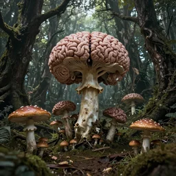 a weird magical forest with mushrooms made entirely out of brains. The trees look like bones. Highly detailed. 8k. Fantasy horror.