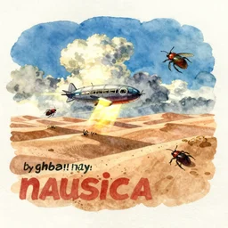 anime movie screenshot, paper texture, ( ( watercolor ) ) by ( ( ( ( ( ( ( yoshitaka amano ) ) ) ) ) ) ), by ghibli!!! nausicaa!!!!!, desert!!!!!!!!!!!, sand, scenic, miyazaki, vibrant, dof, motion, airship, flying beetles
