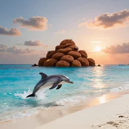 “poop island with flies, Bahamas, Beautiful sunset, dynamic lighting, blue water, white sand, dolphin made of poop jumping out of water, trending on artstation, detailed, masterpiece”