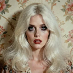 a beautiful but sinister woman in layers of fear, with haunted eyes and big platinum hair, 1 9 7 0 s, seventies, floral wallpaper, delicate embellishments, a little blood, painterly, offset printing technique, by william russell flint
