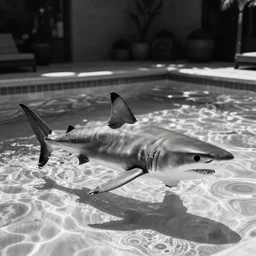 black and white, shark in swimming pool, photograph