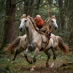 bald man with a large red beard that's a centaur running through the forest holding a bow and arrow