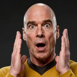 photograph of captain j. kirk from star trek in absolute disbelief, shocked. sharp photograph, sharp focus, highly detailed,, detailed face!!, ultra realism, dramatic lighting, zeiss lens, canon eos, detailed skin, dynamic pose, 8 k resolution, hyperrealism, portrait photography