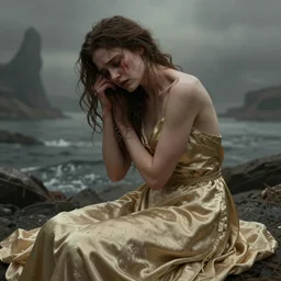 cinestill 5 0 d panorama of a woman by liebovitz, gritty, gloomy, pain, sad, intricate, elegant, sharp focus, artstation, dress in soft silk in a dystopian seascape, pale gold matte, sharp focus, illustration, octane render, unreal engine, art by roberto ferri and greg rutkowski, epic fantasy, digital photo art