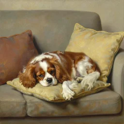 a cavalier king charles spaniel who is really bored, tired, lying on a sofa with pillows, oil on canvas, by artgerm and greg rutkowski and alphonse mucha