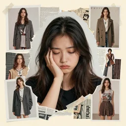 a beautiful collage portrait of a depressed girl, made in a magazine clipping collage style, clippings of a fashion magazine, made by a depressed art student