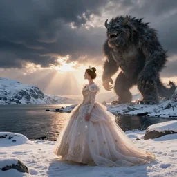 a princess, big monster on the horizon, snowy fjord, storm clouds, dramatic lighting, hudson river school, afternoon