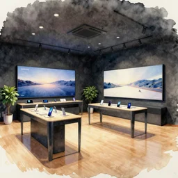 watercolor ink painting, artistic, atmospheric stylized lighting!!!!!!!!!! ( ( ( ( ( ( ( ( ( ( serious grounded balanced muted flagship samsung store, black walls. timber floor. low ceilings with spots. curved furniture, with large digital screen. display tables with phones and tablets, pots with plants, large digital screens on the walls ) ) ) ) ) ) ) ) ) )