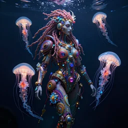 underwater photography of a biopunk colorful queen with dreadlocks in symbiosis with something made of jellyfish, intricate and ornate alien technology, bioluminescence, bloom, dim rim lighting, by victor grasso and scott musgrove, anton h. r. giger and tooth wu, digital illustration, concept art, cg society