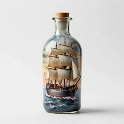 hand-painted ship in a bottle, professional product shot, isolated on a pure white background, centered, entire object in frame, sharp focus, soft studio lighting