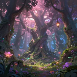 a digital painting of a magical fantasy forest, large magical trees, magical flowers, hanging lanterns, godrays, mystical, evening, concept art, trending on artstation, matte painting, high detail, high quality, pink/purple/green colour scheme