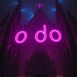 pink neon sign spelling o d o o on a gothic cathedral, photorealistic dramatic lighting