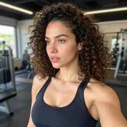 female influencer in gym instagram selfie photo looking to the left with curly hair in room mona lisa face mona lisa face # photography # beauty
