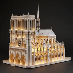 paper model of the Notre Dame, hyperrealistic, illuminated, very fine details, ornaments, fractal struktures, studio light, 8K, product photo, spotlight, dark background