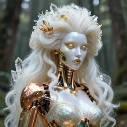 beauteous queen, practical sumptuous white pearlescent biomechanical gold, copper, bronze, iridescent titanium, cinematic forest lighting, lifelike ossified incredible hair, crystalline masterpiece incrustations, hyperdetailed face, elegant pose, specular highlights, intricate, octane render, unreal engine,