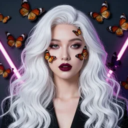 portrait of a woman, high sharpness, zeiss lens, fashion photo shoot, neon shadows, long white wavy hair, burgundy lipstick, in front of butterflies, they have gasoline on their face, ralston crawford, annie leibovitz, georgia totto o'keeffe,, artistic, hyper - realistic, beautiful face, octane rendering