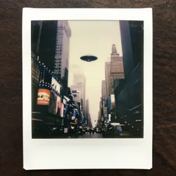 an aged polaroid photo catching a glimpse of a small ufo flying above times square in new york, gloomy, grainy, rainy