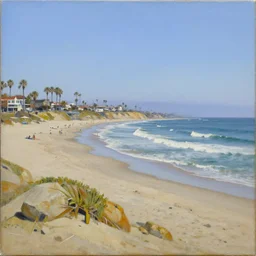 san diego beach, oil on canvas, hyperrealism, photo realistic, artstation, centered, hdr