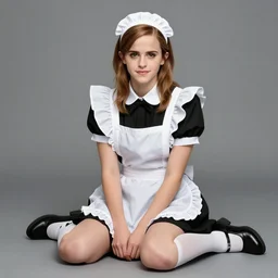 emma watson cosplay hot maid! costume, full body! shot, sitting!!!!! down, colored, perfect symmetrical face, perfect eyes!!, by charlotte grimm, natural light, detailed face, canon eos c 3 0 0, ƒ 1. 8, 3 5 mm, 8 k, medium - format print